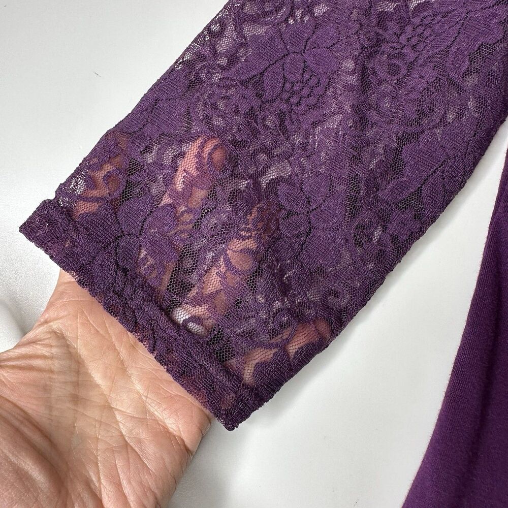 Y2K Stretch Top Sz M?‎ Purple Sheer Floral Lace Embellished Neckline Fairy Boho - Picture 5 of 13